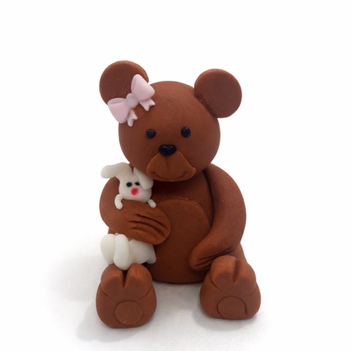 Figurka cukrowa Miś z króliczkiem brązowo-różowy