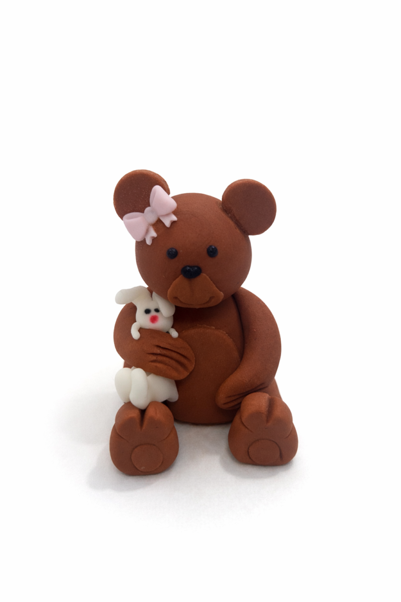 Figurka cukrowa Miś z króliczkiem brązowo-różowy