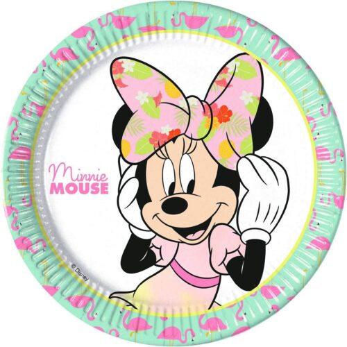 Talerzyk papierowy z motywem Minnie Mouse i flamingami na dziecięce przyjęcie urodzinowe