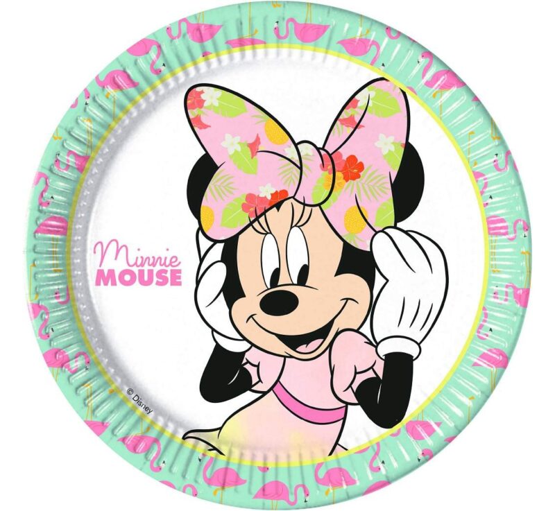 Talerzyk papierowy z motywem Minnie Mouse i flamingami na dziecięce przyjęcie urodzinowe